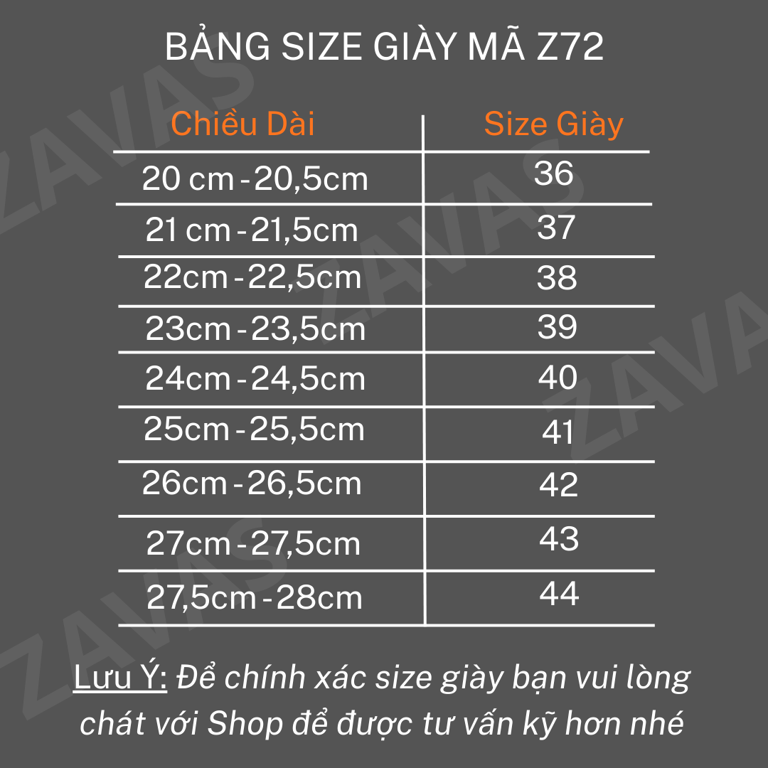 BẢNG SIZE GIÀY MÃ Z72